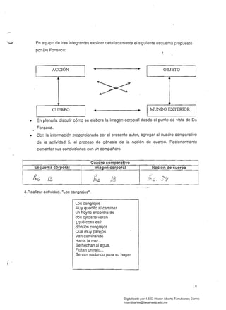 En equipo de tres integrantes explicar detalladamente el siguiente esquema propuesto
pc~ DA. Fons8ca:
ACCIÓN
CUERPO
OBJETO
MUNDO EXTERIOR
• En plenaria discutir cómo se elabora la imagen corporal desde el punto de vista de Da
Fonseca.
• Con la información proporcionada por el presente autor, agregar al cuadro comparativo
de la actividad 5, el proceso de génesis de la noción de cuerpo. Posteriormente
comentar sus conclusiones con un compañero.
I
!
I

Cuadro comparativo
Esquema corporal . Irnagencorporal
~G t,r/3 /3"0 , , "
Noción de cuer(?o
A'b. Ji,.,.)
, . ­
4.Realizar actividad. "Los cangrejos",
Los cangrejos
Muy quedito al caminar
un hoyito encontrarás
dos ojitos te verán
¿qué cosa es?
Son los cangrejos
Que muy parejos
Van caminando
Hacia la mar...
Se hechan al agua,
Flotan un rato...
Se van nadando para su hogar
18
Digitalizado por: I.S.C. Hèctor Alberto Turrubiartes Cerino
hturrubiartes@beceneslp.edu.mx
 