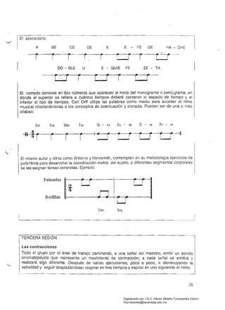 "-../
CE DE E E - FE GE HA CHE
r r r r r r r e r 

DO - BlE U E • QUIS YE ZE • TA
r r r ( r r L r
El compás consiste en dos números que aparecen al inicio del monograma o pentagrama, en
donde al superior se refiere a cuántos tiempos deberá contener el espacio de tiempo y el
inferior al tipo de tiempos. Carl Orff utiliza las palabras como medio para acceder al. ritmo I
musical relacionándolas a los conceptos de acentuación y compás. Pueden ser de una o más I
sílabas: I
I
. . .Sol Pez: Más Tos Gi- ra Ru da Ti ra Pe ra
11 4ti r r Ir "
r r U CJ cr cr 11
I
" El mismo autor y otros como Willems y Hindemith, contemplan en su metodología ejercicios de
polirrítmia para desarrollar la coordinación motriz del sujeto; a diferentes segmentos corporales
se les asignan tareas concretas. Ejemplo:
Palmadas
Rodillas
Der. Izq.
ITERCERA SESiÓN . ~'l
ILas contracciones
Todo el grupo por el área de trabajo caminando, a una señal del maestro, emitir un sonido
onomatopéyico que represente un movimiento de contracción; a cada señal se emitirá 1
realizará algo diferente. Después de varias ejecuciones, poco a poco, ir disminuyendo I~
velocidad y seguir desplazándose; respirar en tres tiempos y espirar en uno siguiendo el ritmo.
26
Digitalizado por: I.S.C. Hèctor Alberto Turrubiartes Cerino
hturrubiartes@beceneslp.edu.mx
 