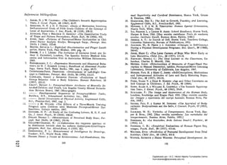 ( e 	 (
Referencás bibliográficas . 	 nual Superiority and Cerebral Dominance, Nueva York, Grune
L 	 ADAMS, N. YW. CALDWELL: «The Children's Somatic Apperception
Testll,J. Ce/lel. Psyclz., 68 (1963), 43-57. .
2. 	 ANmusoN, H. H. Y H. F. BRANDT: ..Study of Motivation Involvíng
Self-Announced Goals of Fifth Grade Children of the Concept of
Leve: of Aspiration», J. Soco Psych., 10 (1939), 209-32. '
3. 	 ATTN!AVE, FREO y MALCOLM D. ARNOULT: «1:he Quantitative Study
Qf Srape and Pattem Pereeption», Psych. Bull., 53 (1956), 452.
4. 	 AYREJ, JEAN: «Pattems ·of PerceptuaI-Motor Dysfunetion in Chil­
dren: Factor Analytic Study», Monograph Supp., Percepl. Mot.
Skillj, 1 (1965), 335-68.
5. 	 BENTCN,· ARTHUR L.: Right-Left Discrimination and Finger Locali­
zati01', Nueva York, Paul Hoeber, 1959, pág. 14.
6.. 	 Dmwls, J, e 1. LrtzINIl: Tlze Imita/ion '01 Gestures (trad. por Ar­
thur fí.· Parmelee), Londres, The Spastics Society Medical Edu­
catioI: and Information Unit in Association William Heinemann,
1965.
7. 	 BRENCBLMANN, J. C.: «Expressive Movenients and Abnormal Beha­
vior», en H. J. Eysenck (comp.), Handbook of Abnormal Psycho­
logy, llueva York, Basic Books, 1961, cap. 3, págs. 69-75.
8. 	 . CACOmSIERE-PAIGli. FRANCOISE: «Development of Left-Right Con­
cept ia Children», Percept. Mot. Skills, 38 (1974), 111-17.
9. 	 CLEVEJAND, SIDNEY y SEYMOUR· FISHER: «Prediction of SmalJ
Group Behavior from a Body Sehema», Human Relations, 10
(1957), 223-33. .
10. 	 CRATT'¡, BRYANT J.: Perceptual-Motor Attributes of Mentally Re­
tarded Childrenand Youth, Los Angeles County Mental Retarda­
tion S~rvices Board, 1965 (Monograph).
lL 	 ---. Developmental Sequences· of Perceptual-Motor Tasks,
Baldw'n,N.Y.. Educational Activities lne., 1967.
12. 	 ---. Social Dimel1sions of Physical Activity, Englewood Clíffs,
N.J., Prentice-HalI, 1967, cap. 3. . .
13. 	 --- y M. WILNER: "The Effects of a Three-Month Training
Progra n upon Children with Moderate Pereeptual-Motor Dys­
functi01», trabajo inédito, 1967.
14. 	 DAVIDS'N, H. P.: «A Study of the Confusing Letters, B, D, P, and
. Q», J. i;enet. Psycl!., 47 (1935), 458-68.
15. 	 :PILLON, DONALD J.: «Measurement of Perceived Body Size», Per­
cept. Mot. Skílls, 14 (1962), 191-9ó. .
16. 	 GALLIFlBT-GRANJON, N.: "L'elaboration des rapports spatiaUJ: et
la dominance laterale chez les enfants dyslexiques-dysorthogra­
phiquC5l>, Bull. Soco Alfred-Binet, (j (1959), 452. .
17. 	 GOODEN~UGH! F. L.: Measurement of Intelligence by Dra:wil1gs,
Yonken, N.Y., World Book, 1926.
lB. HACABN. HENRY y JULIAN DE ArURIAGUERRA: Left-Handedness, Ma-
C')
1901f."J
. :-..J .
& Stratton, 1964•. , .
19. 	 HAMACHBK, DON E.: The Self in Grawth, TeachinJ lÍnd Learning,
EJlglewood Cliffs, N~J., Prentice-Hall, 1965. ,..
20. 	 HOWARD, 1. P. YW, 'B. TE'MPU!TON: Human Spatial Orientatiol'l,
Nueva York, Wiley, 1966..
21. 	 lLG, FRANCES L.. y LoUISE B. AMES: School Readiness, Nueva York,
Harper & Row, 1966. [Hay versión castellana: Tests de madurez
escolar. Instituto Gesell, Buenos Aires, Paidós, 1980.]
22. 	 JBRSILD, A. T.: In Search of Self, Nueva York, Teachers College.
Columbia University, Bureau of Pub1ications, 1952.
23. 	 JOHNSON, W., B. FRHTZ y J. JOHNS()N: ..Changes in Self-Concept
During a PhysicalDevelopment Program... Res.. Quart., 39 (1968),
560-65.
24. 	 JONllS, MARY C.: c'The Later Cnreers of Boys Who Were Early or
Late Maturers», Child Dev., 28 (1957), 113-18.
25. 	 KE.!'HART, NBWBLL C.: The Slaw Learner in the Classroom, Co-
Jumbus, Charles E. Merrill, 1966. ,
26.· 	Mb"YERS, JOHN: cRe1ationships of Measures of Finger-Hand Per­
ception to Manual Dexterity:., inéclito, Perceptual·Motor Leaming
Laboratory, University of California, Los Angeles, 1967.
27. 	 MUSSEN, PAUL H: y MARY C. JONES: ..Self-Conceptions, Motivations
and lnterpersonal Attitudes of Lateand EarIy Maturing Boys»,
Child Dev., 28 (1957), 243-56.•
28. 	 PIERS, ELLBN V. Y DALE B. HARRIs: ..Age and Other Gorrelates on
Self Concept in Children». J. Ed. Psych., 55 (1964). .
·29. 	 RoWE, ALLEN A. Y WILLARD E. CAMPBELL: «The Somatic Appcrcep­
tion Tesb, J. Genet. Psych., 6~ (1963); 59-69.
30. 	 SCHILIlER, P.: The Image and Appearance of the Human Body,
Londres, RoutIedge and Kegan PauI, 1935. [Hay versión castella­
na: Imagen y apariencia del cuerpo humano, Buenos Aires, Pai­
dós, 1958.]
31. 	 SECORD, PAUL F. Y SIDNEY M. JOURARD: cThe Appraisal of Body­
cathexís: Body-<:athexis ant the SeIb, J. Consulto Ps)'ch., 17 (1953),
343-47.· , .
32. 	 SHELDON, W. H.: Varieties of Temperament, NUf;va York, Har­
per & Bros., 1942. [Hay versión· castellana: Las variedades del
temperamento, Buenos Aires, Paidós, 1955.]
33. 	 SUBlRANA, A.: d..a droiterie», Arch. Suisses Neurcl.. Psychíat., 69
(1952), 1-2., . . .
34. 	 SWENSON, C. H.: ...Empirical· Evaluations of Human FigÚre Dr,,
wingSl>, Psych. Bull., S4 (1957); 431-66.
,35. 	 WALTERS, ErrA: ~Prediction of Postnatal Development from Fetal
Activity», Child Dev., ·33 (1965), 801-8. .
36. 	 ,WAPNER, SEYMOUR y HEIN.Z WERNER: Perceptual Develppment: .4n
191
Digitalizado por: I.S.C. Hèctor Alberto Turrubiartes Cerino
hturrubiartes@beceneslp.edu.mx
 