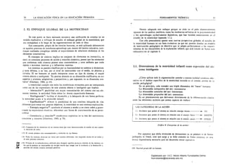 30 3
,"
"LA EDUCACIÓN FÍSICA EN LA EDUCACiÓN PRIMARIA
2. EL ENFOQUE GLOBAL DE LA MOTRICIDAD
En este punto se hace necesario encontrar una unificación de criterios en un
modelo explicativo o enfoque de estudio: el enfoque global de la motricidad, que
IIOS ~compañará a lo largo de las argumentaciones de todo el libro.
E~ta concepción. propia de las ciencias humanas. se está aplicando úHimameme
~n aquellos procesos de ens<!ñallzll·aprendizaje que. deOlro del ámbito educativo. cons·
tituyen realidades complejas debido al requerimiento de relaciones dinámicas dl~ los
demenlos constitutivos.
El concepto de sistema implica un conjunto de elementos en interacci¿n. es
decir. en continuos procesos de acción y reacción dinámica, puesto que los elementos
que conforman todo sistema poseen unas caracterislicas y unos atributos que están
sujetos a tensiones imemas y a influencias externas.
Los sistemas se pueden clasificar por su funcionalidad en estáticos y dinámicos;
y estos últimos. a su vez. por el nivel de intercambio con el medio. en abiertos y
cerrados. El ser humano se puede imerpretar como un tipo de sistema. el mayor
sistema abierto e imeligeOle. "Es preciso ahondar c:n su dimensión codificativa. en sus
aspectos y procesos adaptativos y proyectivos y. por supuesto. ell su dimensión evo·
lutiva" tMartínez. 1986. p 44).
La mouicidad cumple con todas las condiciones necesarias para ser interpretada
como una de las expresione$ de este sistema abierto e inteligeme que implica:
- Interacción 16: posibilitar una mayor comunicación del sistema con sus ele·
memos irUemos; la actividad fisica altera la~ demás capacidades humanas.
- 1"lorfogéncsis!7: facilitar el desarrollo y la búsqueda de una forma perfecta;
la motricidad ayuda a la evolución infantil.
- Equilinulidad l8; ofrecer la posibilidad de una continua búsqueda de vías
diferemes para trazar sus propios objetivos; la motricidad es una continua e~ploraci6n.
- Entropía negativa t~: ayudando al sistema a tender a un cierto orden y poten­
t..'i~ndo las expresiones morriees. ofrecemos una forma de estructuración de su perso·
Il:'¡iúad.
COl1scicllci:l y ereadónlU: condiciones implícitas en la idea del movimiento
consciente y creativo (Maníncl. 19H9. p 79).
lbl Cualt(uic:(¡) de: 10)10 ch:mencos ú( un Si5h!nm, licne que: es{;u interconectado: d cambto de uno supone
1,1 ;,¡lh:r:u:il}O de lodos.
l J7) El ·lÓi.'Íf~,";J produt.:c: una UUloJúuptación y evolución de sus fonnas.
IXi Tl;¡JUS los si.,temas akan/.an su.} Ilh:tas PO( cJminos ~1i(C'rcfl(cs. son uríginal(;:. dcmco de un orden y
de unl1S proceso... cOmunes.
¿:, ( 19) Principio dI!" la u:nnodin-ÍmiL'a utilizatJo pilra des:igmu i.H,judhJS prucesos ímtl1'lOS de lo:;; shilcma,' en
titJ lo, 4u< se prooucc un inlcrcambin de cnergro interno que mlnp<: con lo tendencia a t. dc$trucci6n y
.br dcsnl'l1c:n dd mi~mo sistema (c:nlropia po:l>itiva).
FUNDAMENTOS TEÓRICOS
..
Hemos adoptado este enfoque porque se sitúa en el polo diametralmente
opueslO de los análisis analíticos. como las tendencias utifitarias de la psicomotricidad
y los aprendizajes exclusivamente deportivos. que han incidido notoria~lenle en el
estudio de la motricidad (apartado 1.1.).
Con ello pretendemos. apenar unas nuevas perspeclivas globales al estudio de
la motricidad humana en sus fases evolutivas ya que no! permite diseñar un modelo
de intervención pedagógica no directivo que se adapta perfectamente a los requeri·
mientos de los mecanismos de la e~ploración inrantil. que será tratado de fonna m;ís
exhaustiva en <;1 capítulo 4.
2.1. 	 Dimensiones de la motricidad infantil como expresión del sis­
tema inteligente
¿Cómo aplicar roda la argumcntaci<in anterior a nuestra realidad cotidiana edu.
cativa en c:l ámbito específico de la motricidad incluida en el sentido amolío de lJ
acción pedagógica?
En un principio. cabe entender una triple dimensión del "hacer" hUfll!lJ10: 

La dimensión irrtroyecJiva del ser: reconocerse. 

La dime~sión extensiva del ser: interactuar. 

La dimensión proyectiva del ser: comur,icar. 

Es un planteamiento que derivamos directamente de la diferenciación "Iásica 

enlre las diferentes acciornes que somos capaces de realizar:
(_AS CATEGORíAS DE LA ACCiÓN
1.- Acciones que poncn al alumno ~n relación consigo mbmo ~ YO
1.- Acciones que ponen al alumno en relación con el COIomn físico
3.- Acciones que ponen al alumno en relación con el ~ntom(' social
Gráfica 9: Caf,·.,:orías úe la al'C'Í,¡,,:
Por supuesto que dicha nivelación de dimensiones ntl se produce ni de fonna
jedrquica ni lineal. sino que surge y se debe emender de form:1 conjunla. en una
mlllua dependencia necesaria para""!'!n desarrollo mOlar equitatj"o.
(~()) Facult"d pmpi. del ,or humano.
Digitalizado por: I.S.C. Hèctor Alberto Turrubiartes Cerino
hturrubiartes@beceneslp.edu.mx
 