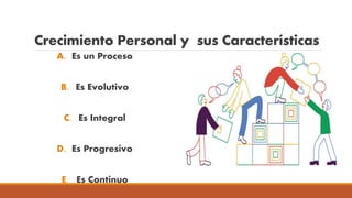 Crecimiento Personal y sus Características
A. Es un Proceso
B. Es Evolutivo
C. Es Integral
D. Es Progresivo
E. Es Continuo
 