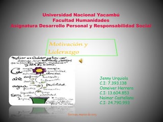 Universidad Nacional Yacambú
Facultad Humanidades
Asignatura Desarrollo Personal y Responsabilidad Social
Barinas, marzo de 2015
Jenny Urquiola
C.I: 7.393.138
Osneiver Herrera
C.I: 13.604.853
Naimar Castellano
C.I: 24.790.993
 