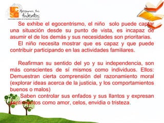 Se exhibe el egocentrismo, el niño  solo puede captar una situación desde su punto de vista,  es incapaz de asumir el de los demás y sus necesidades son prioritarias. El niño necesita mostrar que es capaz y que puede contribuir participando en las actividades familiares. Reafirman su sentido del yo y su independencia, son más conscientes de sí mismos como individuos. Ellos: Demuestran cierta comprensión del razonamiento moral (explorar ideas acerca de la justicia, y los comportamientos buenos o malos)  Saben controlar sus enfados y sus llantos y expresan sentimientos como amor, celos, envidia o tristeza .  