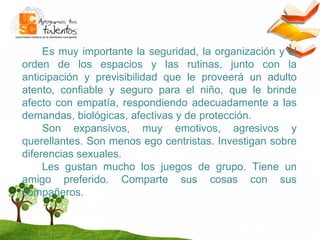 Es muy importante la seguridad, la organización y el orden de los espacios y las rutinas, junto con la anticipación y previsibilidad que le proveerá un adulto atento, confiable y seguro para el niño, que le brinde afecto con empatía, respondiendo adecuadamente a las demandas, biológicas, afectivas y de protección. Son expansivos, muy emotivos, agresivos y querellantes. Son menos ego centristas. Investigan sobre diferencias sexuales.  Les gustan mucho los juegos de grupo. Tiene un amigo preferido. Comparte sus cosas con sus compañeros. 