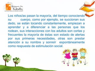 Los niños/as pasan la mayoría, del tiempo conociendo su  cuerpo, como por ejemplo, se succionan sus dedo, se están tocando constantemente, empiezan a aprender y a diferenciar a las personas que los rodean, sus interacciones con los adultos son cortas y frecuentes la mayoría de éstas son estado de alertas por sus primeras necesidades, otras son prestar atención a su nombre y sonreír  espontáneamente como respuesta de estimulación social . 