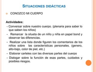 Situaciones didácticas  CONOZCO MI CUERPOActividades: - Conversar sobre nuestro cuerpo. (plenaria para saber lo que saben los niños) -   Remarcar  la silueta de un niño y niña en papel bond y observar las diferencias. -  Realizar una lista donde figuren los comentarios de los niños sobre  las características personales. (genero, alto-bajo, color de piel, etc.) -  Elaborar carteles con las diversas partes del cuerpo - Dialogar sobre la función de esas partes, cuidados y posibles riesgos.
