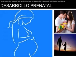 Temas adicionales: desarrollo de la familia, como optar por la paternidad y cuando esta paternidad es un problema.

DESARROLLO PRENATAL

 