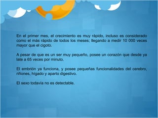 En el primer mes, el crecimiento es muy rápido, incluso es considerado
como el más rápido de todos los meses; llegando a medir 10 000 veces
mayor que el cigoto.
A pesar de que es un ser muy pequeño, posee un corazón que desde ya
late a 65 veces por minuto.
El embrión ya funciona, y posee pequeñas funcionalidades del cerebro,
riñones, hígado y aparto digestivo.
El sexo todavía no es detectable.
 