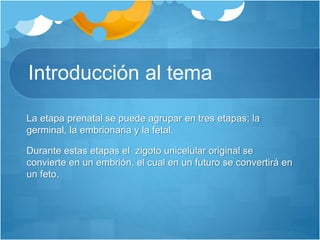 Introducción al tema
La etapa prenatal se puede agrupar en tres etapas; la
germinal, la embrionaria y la fetal.
Durante estas etapas el zigoto unicelular original se
convierte en un embrión, el cual en un futuro se convertirá en
un feto.
 
