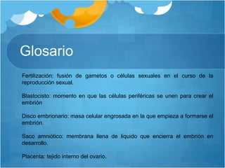 Glosario
Fertilización: fusión de gametos o células sexuales en el curso de la
reproducción sexual.
Blastocisto: momento en que las células periféricas se unen para crear el
embrión
Disco embrionario: masa celular engrosada en la que empieza a formarse el
embrión.
Saco amniótico: membrana llena de liquido que encierra el embrión en
desarrollo.
Placenta: tejido interno del ovario.
 