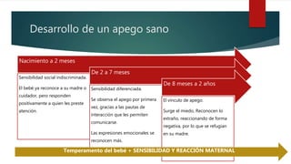 Desarrollo de un apego sano
Nacimiento a 2 meses
Sensibilidad social indiscriminada.
El bebé ya reconoce a su madre o
cuidador, pero responden
positivamente a quien les preste
atención.
De 2 a 7 meses
Sensibilidad diferenciada.
Se observa el apego por primera
vez, gracias a las pautas de
interacción que les permiten
comunicarse.
Las expresiones emocionales se
reconocen más.
De 8 meses a 2 años
El vínculo de apego.
Surge el miedo, Reconocen lo
extraño, reaccionando de forma
negativa, por lo que se refugian
en su madre.
Temperamento del bebé + SENSIBILIDAD Y REACCIÓN MATERNAL
 