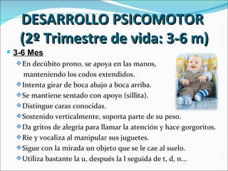 DESARROLLO PSICOMOTOR
   (2º Trimestre de vida: 3-6 m)
 3-6 Mes
   En decúbito prono, se apoya en las manos,
    manteniendo los codos extendidos.
   Intenta girar de boca abajo a boca arriba.
   Se mantiene sentado con apoyo (sillita).
   Distingue caras conocidas.
   Sostenido verticalmente, soporta parte de su peso.
   Da gritos de alegría para llamar la atención y hace gorgoritos.
   Ríe y vocaliza al manipular sus juguetes.
   Sigue con la mirada un objeto que se le cae al suelo.
   Utiliza bastante la u, después la l seguida de t, d, n...
 