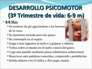 DESARROLLO PSICOMOTOR
   (3º Trimestre de vida: 6-9 m)
 6-9 Mes
   Se sostiene de pie agarrándose a los barrotes
   de la cuna.
   Se mantiene sentado pero sin apoyo.
   Se contempla en el espejo.
   Juega a tirar juguetes al suelo o a golpear 2 objetos.
   Voltea sobre sí mismo en el suelo e inicio del gateo.
   Coge una pastilla mediante pinza subtérmino-subterminal.
   Reacciona ante palabras conocidas, comprende 1 prohibición.
   Señala objetos con el índice y dice papá, mamá.
 