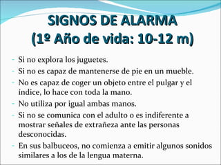 SIGNOS DE ALARMA
     (1º Año de vida: 10-12 m)
- Si no explora los juguetes.
- Si no es capaz de mantenerse de pie en un mueble.
- No es capaz de coger un objeto entre el pulgar y el
  índice, lo hace con toda la mano.
- No utiliza por igual ambas manos.
- Si no se comunica con el adulto o es indiferente a
  mostrar señales de extrañeza ante las personas
  desconocidas.
- En sus balbuceos, no comienza a emitir algunos sonidos
  similares a los de la lengua materna.
 
