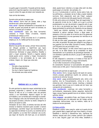 Le gusta jugar al escondite. Ya puede quitarse alguna      dado, pueda hacer rabietas y no sepa cómo salir de ellas,
pieza de la ropa (los zapatos o los calcetines) y ayudar   pueda pegar y/o morder, dar patadas, etc.
a que lo vistan. Es capaz de beber solo tomando una        Se va a ir produciendo el control, diurno sobre todo, de
                                                           los esfínteres y, alrededor de los 2 años y medio también
taza con las dos manos.
                                                           nocturno. Esta adquisición será aún frágil; cualquier
                                                           cambio en el entorno del niño puede hacerle retroceder.
Durante este período se espera que:                        El niño entra ahora en la llamada "fase del negativismo" o
Área motora: Corre bien sin caerse, sube y baja            de oposición (crisis de los 3 años), en la que la actitud
escaleras solo, patea una pelota grande.                   predominante va a ser de protesta o negación ante lo que
Area social: expresa verbalmente la necesidad de ir        se le dice o se pretende que haga. Si entra en rabietas
al baño, se pone una prenda de vestir sin botones, se      (pues pretenderá la satisfacción inmediata de sus deseos)
refiere a sí mismo por el nombre.                          , habrá que intentar mantener la calma, sin intentar
Area coordinación: copia una línea horizontal,             razonarle ni aplicar castigos físicos, y dejar pasar el
comienza a trazar líneas circulares, resuelve              momento crítico sin ceder en el motivo que la ha generado
problemas por ensayo y error.                              (punto fundamental si no nos queremos ver metidos en un
Area Lenguaje: utiliza oraciones de 2 a 3 palabras,        círculo desagradable).
emplea yo, mi, tú. Señala partes de su cuerpo.             El niño de esta edad, generalmente, juega solo o junto a
                                                           otro niño, en paralelo. No sabe aún compartir sus juegos ni
ESTIMULACIÓN.                                              sus juguetes con otros niños. Durante el mismo, cambiará
Mostrar las partes del cuerpo, utilizar libros sencillos   con frecuencia de una actividad a otra.
con dibujos grandes y repetitivos que logre                En esta "edad mágica", el niño creerá todo lo que se dice,
identificar. Hablar claro, cada cosa por su nombre, sin    por ello, no se debe abusar de su credulidad: no debe
diminutivos. Estimular el juego simbólico. Enseñar a       amenazárselo con la presencia de personajes malvados, ni
subir y bajar escaleras, llevarlo a lugares amplios        con abandono o pérdida de afecto, ya que el niño teme ser
donde pueda correr, caminar y trepar. Incorporarlo         realmente                                      abandonado.
activamente a las actividades de la casa como              El niño empezará a conocerse a sí mismo al final del 2º
ordenar, limpiar, etc. Dejar que coma solo.                año; primero exteriormente, y luego interiormente.
                                                            A los 2 años reconocerá a otras personas.
ALERTA.                                                    Es conveniente favorecer el acercamiento del padre del
-  No sube o baja escaleras.                               mismo sexo al niño, para ir favoreciendo su identidad.
-  No dibuja (garabatea).
-  No dice o repite frases de 2 palabras.                  Durante este período se espera que:
-  No entiende una orden verbal.                           Área motora: Corre, recoge objetos del suelo sin caerse,
                                                           intenta proezas gimnásticas (vuelta de carnero), sube
                                                           escaleras sin alternar los pies.
                                                           Area social: juega predominantemente solo, imita a los
                                                           adultos, dice no frecuentemente, utiliza mi o mío, se
                                                           atemoriza ante situaciones nuevas, investiga y manipula
              PERÍODO DE 2 A 3 AÑOS.                       sus genitales, hace lo que se le manda aún sin tener una
                                                           concepción de la obediencia.
En este período ha adquirido mayor estabilidad en los      Area coordinación: construye con cubos horizontal y
procesos corporales y dominio de las actividades           verticalmente, desenvuelve dulces, paquetes, destornilla
físicas. El niño se ve a sí mismo como una persona         tapas, encaja figuras geométricas en un tablero. Controla
valiosa y con habilidades. Aparece seguro en sus           esfínter diurno.
actividades y con curiosidad para investigar su mundo.     Area Lenguaje: usa palabra-frase, usa frases cortas de
Usa el lenguaje como una herramienta para influir en       3 ó 4 palabras pero sin adecuado uso del tiempo verbal,
sus propias acciones y afectar su medio. Comparte el       comprende instrucciones, dice su nombre, habla de sí
afecto con quien lo cuida.                                 mismo en tercera persona.
Alrededor de los 2 años, el sistema nervioso del niño
alcanza la madurez necesaria para acceder a nuevos         ESTIMULACIÓN.
aprendizajes, coordinar mejor sus movimientos, pero        Enseñarle a saltar como conejito, andar en la punta de los
su capacidad de detener la acción y su voluntad aún no     pies, pasarle lápiz y papel para que trace líneas y círculos.
está completa. Le es más fácil comenzar una acción,        Enseñarle a vestirse y desvestirse solo, cepillarse los
que dejar de hacerla; ello hará que, en un momento         dientes, lavarse solo cara y manos, permitir que colabore
                                                           en la casa. Dejarlo jugar con otros niños, enseñarle a
 