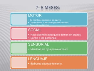 7- 8 MESES:
MOTOR
• Se mantiene sentado y sin apoyo.
• Capaz de dar vuelta completa en la cama.
• Gatea sin problemas.

SOCIAL
• Hace ademán para que lo tomen en brazos.
• Sonríe a las personas.

SENSORIAL
• Mantiene los ojos paralelamente.


LENGUAJE
• Balbucea abundantemente.
 