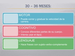 30 – 36 MESES:

MOTOR
• Puede correr y graduar la velocidad de la
  carrera.

COGNITIVO
• Conoce diferentes partes de su cuerpo.
• Intenta usar el lápiz.

LENGUAJE
• Hace frases con sujeto-verbo-complemente
 