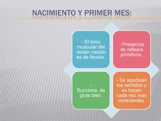 NACIMIENTO Y PRIMER MES:


            - El tono
                            - Presencia
          muscular del
                             de reflejos
          recién nacido
                             primitivos.
          es de flexión.



                           - Se agudizan
                -          los sentidos y
          Succiona, de        se hacen
           glute bien.     cada vez mas
                            conscientes.
 