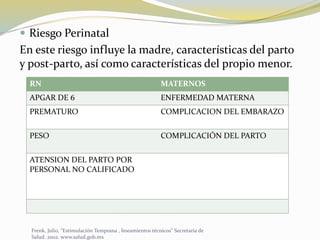  Riesgo Perinatal
En este riesgo influye la madre, características del parto
y post-parto, así como características del propio menor.
RN MATERNOS
APGAR DE 6 ENFERMEDAD MATERNA
PREMATURO COMPLICACION DEL EMBARAZO
PESO COMPLICACIÓN DEL PARTO
ATENSION DEL PARTO POR
PERSONAL NO CALIFICADO
Frenk, Julio, “Estimulación Temprana , lineamientos técnicos” Secretaria de
Salud. 2002. www.salud.gob.mx
 