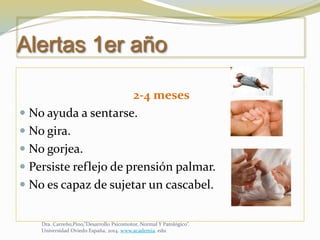 Alertas 1er año
2-4 meses
 No ayuda a sentarse.
 No gira.
 No gorjea.
 Persiste reflejo de prensión palmar.
 No es capaz de sujetar un cascabel.
Dra. Carreño,Pino,”Desarrollo Psicomotor, Normal Y Patológico”.
Universidad Oviedo España, 2014. www.academia. edu
 