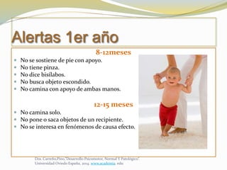 Alertas 1er año
8-12meses
 No se sostiene de pie con apoyo.
 No tiene pinza.
 No dice bisílabos.
 No busca objeto escondido.
 No camina con apoyo de ambas manos.
12-15 meses
 No camina solo.
 No pone o saca objetos de un recipiente.
 No se interesa en fenómenos de causa efecto.
Dra. Carreño,Pino,”Desarrollo Psicomotor, Normal Y Patológico”.
Universidad Oviedo España, 2014. www.academia. edu
 