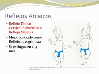 Reflejos Arcaicos
 Reflejo Tónico
Cervical Asimétrico o
Reflejo Magnus.
 Mejor conocido como
Reflejo de esgrimista
 Se extingue en el 4
mes.
Edgel, “Desarrollo Psicomotor”, 2014.
www.arcres.com
 