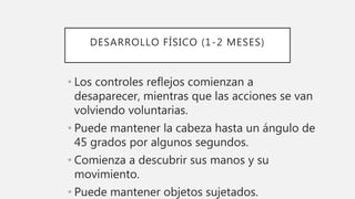 DESARROLLO FÍSICO (1-2 MESES)
• Los controles reflejos comienzan a
desaparecer, mientras que las acciones se van
volviendo voluntarias.
• Puede mantener la cabeza hasta un ángulo de
45 grados por algunos segundos.
• Comienza a descubrir sus manos y su
movimiento.
• Puede mantener objetos sujetados.
 