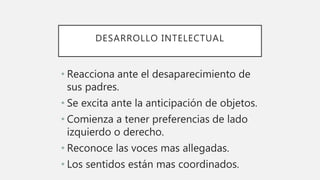 DESARROLLO INTELECTUAL
• Reacciona ante el desaparecimiento de
sus padres.
• Se excita ante la anticipación de objetos.
• Comienza a tener preferencias de lado
izquierdo o derecho.
• Reconoce las voces mas allegadas.
• Los sentidos están mas coordinados.
 