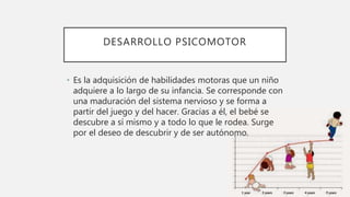 DESARROLLO PSICOMOTOR
• Es la adquisición de habilidades motoras que un niño
adquiere a lo largo de su infancia. Se corresponde con
una maduración del sistema nervioso y se forma a
partir del juego y del hacer. Gracias a él, el bebé se
descubre a sí mismo y a todo lo que le rodea. Surge
por el deseo de descubrir y de ser autónomo.
 