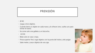 PRENSIÓN
• (8 M)
• Juega a tirar objetos.
• Cuando tiene un objeto en cada mano y le ofrecen otro, suelta uno para
tomar el nuevo.
• Se come solo una galleta o un bizcocho.
• (10 M)
• Bebe solo en vaso o taza.
• Pinza superior fina: coge objetos con la punta del índice y del pulgar.
• Sabe meter y sacar objetos de una caja.
 