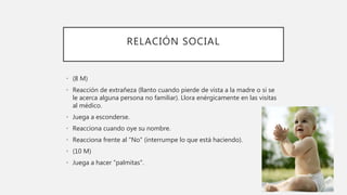 RELACIÓN SOCIAL
• (8 M)
• Reacción de extrañeza (llanto cuando pierde de vista a la madre o si se
le acerca alguna persona no familiar). Llora enérgicamente en las visitas
al médico.
• Juega a esconderse.
• Reacciona cuando oye su nombre.
• Reacciona frente al "No" (interrumpe lo que está haciendo).
• (10 M)
• Juega a hacer "palmitas".
 
