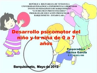 REPÚBLICA BOLIVARIANA DE VENEZUELA
    UNIVERSIDAD PEDAGÓGICA EXPERIMENTAL LIBERTADOR
         INSTITUTO PEDAGÓGICO DE BARQUISIMETO
             “LUIS BELTRÁN PRIETO FIGUEROA”
           PROGRAMA DE EDUCACIÓN PREESCOLAR
               BARQUISIMETO – ESTADO LARA




Barquisimeto, Mayo de 2012
 
