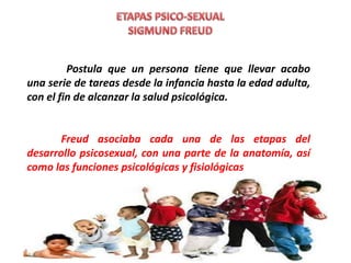 Postula que un persona tiene que llevar acabo
una serie de tareas desde la infancia hasta la edad adulta,
con el fin de alcanzar la salud psicológica.
Freud asociaba cada una de las etapas del
desarrollo psicosexual, con una parte de la anatomía, así
como las funciones psicológicas y fisiológicas
 