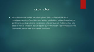 A LOS 7 AÑOS
 Se acompañan de amigos del mismo género y los tocamientos con estos
compañeros y compañeras del mismo género puede llegar a darse (la preferencia
genérica no puede predecirse con base en estas conductas). Posiblemente a esta
edad se inicie la sensación de culpa por la autoestimulación o por fantasías sexuales
conscientes, debido a las actitudes de los adultos.
 