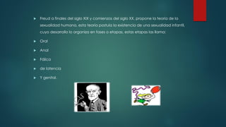  Freud a finales del siglo XIX y comienzos del siglo XX, propone la teoría de la
sexualidad humana, esta teoría postula la existencia de una sexualidad infantil,
cuyo desarrollo lo organiza en fases o etapas, estas etapas las llama:
 Oral
 Anal
 Fálica
 de latencia
 Y genital.
 