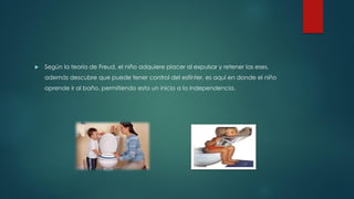  Según la teoría de Freud, el niño adquiere placer al expulsar y retener las eses,
además descubre que puede tener control del esfínter, es aquí en donde el niño
aprende ir al baño, permitiendo esto un inicio a la independencia.
 