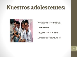 Nuestros adolescentes:
11
-Proceso de crecimiento.
-Confusiones.
-Exigencias del medio.
-Cambios socioculturales.
 
