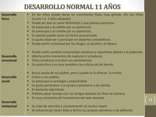 DESARROLLONORMAL11 AÑOS
Desarrollo
físico
Desarrollo
emocional
Desarrollo
social
Desarrollo
intelectual
 En las niñas puede darse un crecimiento físico muy grande. (En los niños
ocurre 1 o 2 años después)
 Puede ser que se canse fácilmente y que parezca perezoso.
 Se preocupa y se cohíbe por su apariencia.
 Se preocupa y se cohíbe por su apariencia.
 Su apetito puede variar en forma pronunciada.
 Le gusta observar o participar en deportes competitivos.
 Puede sentir curiosidad por las drogas, el alcohol y el tabaco.
 Puede sentir cambios emocionales drásticos y repentinos debido a la pubertad.
 Alterna entre momentos de madurez e inmadurez.
 Tiene tendencia a ocultar sus sentimientos.
 Se autocrítica y es muy sensible a las criticas de los demás.
 Busca ayuda de sus padres, pero cuando se la ofrecen, la resiste.
 Critica a sus padres.
 Le preocupa su prestigio y popularidad.
 Le gusta pertenecer a un grupo y parecerse a los demás.
 Es bastante caprichoso.
 Prefiere pasar tiempo con sus amigos durante los fines de semana.
 Es muy consciente de la presencia del sexo opuesto.
 Su nivel de atención y concentración es mucho mayor.
 Se esfuerza por tener éxito y forma sus propias opiniones y las defiende.
13
 