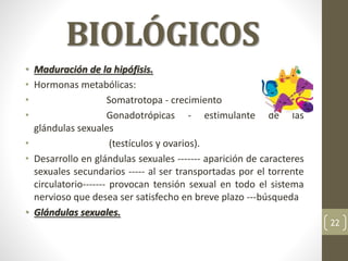 BIOLÓGICOS
• Maduración de la hipófisis.
• Hormonas metabólicas:
• Somatrotopa - crecimiento
• Gonadotrópicas - estimulante de las
glándulas sexuales
• (testículos y ovarios).
• Desarrollo en glándulas sexuales ------- aparición de caracteres
sexuales secundarios ----- al ser transportadas por el torrente
circulatorio------- provocan tensión sexual en todo el sistema
nervioso que desea ser satisfecho en breve plazo ---búsqueda
• Glándulas sexuales.
22
 