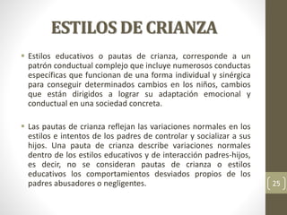 ESTILOS DE CRIANZA
 Estilos educativos o pautas de crianza, corresponde a un
patrón conductual complejo que incluye numerosos conductas
específicas que funcionan de una forma individual y sinérgica
para conseguir determinados cambios en los niños, cambios
que están dirigidos a lograr su adaptación emocional y
conductual en una sociedad concreta.
 Las pautas de crianza reflejan las variaciones normales en los
estilos e intentos de los padres de controlar y socializar a sus
hijos. Una pauta de crianza describe variaciones normales
dentro de los estilos educativos y de interacción padres-hijos,
es decir, no se consideran pautas de crianza o estilos
educativos los comportamientos desviados propios de los
padres abusadores o negligentes. 25
 