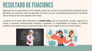 Siguiendo con la etapa fálica, el niño también puede dar muestra de exhibicionismo (exhibición de los
genitales), de voyerismo (mirar los genitales de otros) y de una curiosidad persistente por la anatomía
de los individuos del sexo opuesto o del mismo.
La fijación en la etapa fálica desarrolla un carácter fálico, que es imprudente, resuelto, seguro de sí
mismo y narcisista (excesivamente vanidoso y orgulloso). La imposibilidad de resolver el conflicto
también puede provocar que una persona tenga miedo o sea incapaz de tener un amor cercano.
RESULTADO DE FIJACIONES
 
