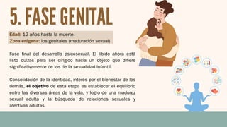 Edad: 12 años hasta la muerte.
Zona erógena: los genitales (maduración sexual)
Fase final del desarrollo psicosexual. El libido ahora está
listo quizás para ser dirigido hacia un objeto que difiere
significativamente de los de la sexualidad infantil.
Consolidación de la identidad, interés por el bienestar de los
demás, el objetivo de esta etapa es establecer el equilibrio
entre las diversas áreas de la vida, y logro de una madurez
sexual adulta y la búsqueda de relaciones sexuales y
afectivas adultas.
5. FASE GENITAL
 