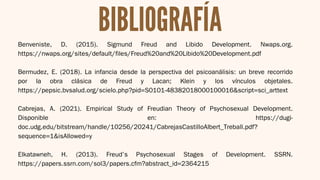 BIBLIOGRAFÍA
Benveniste, D. (2015). Sigmund Freud and Libido Development. Nwaps.org.
https://nwaps.org/sites/default/files/Freud%20and%20Libido%20Development.pdf
Bermudez, E. (2018). La infancia desde la perspectiva del psicoanálisis: un breve recorrido
por la obra clásica de Freud y Lacan; Klein y los vínculos objetales.
https://pepsic.bvsalud.org/scielo.php?pid=S0101-48382018000100016&script=sci_arttext
Cabrejas, A. (2021). Empirical Study of Freudian Theory of Psychosexual Development.
Disponible en: https://dugi-
doc.udg.edu/bitstream/handle/10256/20241/CabrejasCastilloAlbert_Treball.pdf?
sequence=1&isAllowed=y
Elkatawneh, H. (2013). Freud’s Psychosexual Stages of Development. SSRN.
https://papers.ssrn.com/sol3/papers.cfm?abstract_id=2364215
 