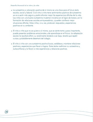 Desarrollo Psicosocial de los niños y las niñas


        La autoestima o valoración positiva de sí mismo es una clave para el futuro éxito
        escolar, social y laboral. Si el niño o niña tiene sentimientos positivos de autoestima
        se va a sentir más seguro y podrá afrontar mejor las experiencias difíciles de la vida.
        Los niños con una buena autoestima muestran iniciativa en el logro de tareas y en la
        formación de relaciones sociales enriquecedoras, y pueden conllevar mejor
        situaciones difíciles. Estos niños, a su vez, producen respuestas y experiencias
        positivas en su ambiente.

        El niño o niña que no se quiere a sí mismo, que se siente tonto y poco importante,
        puede presentar problemas emocionales y de aprendizaje en el futuro. La adaptación
        escolar le resultará difícil, su rendimiento tenderá a ser bajo, tendrá que repetir
        cursos y probablemente desertará del colegio.

        El niño o niña con una autoestima positiva busca, establece y mantiene relaciones
        positivas y experiencias que llevan a logros. Estos éxitos reafirman su autoestima y
        autoconfianza y lo llevan a más experiencias y relaciones positivas.




28
 