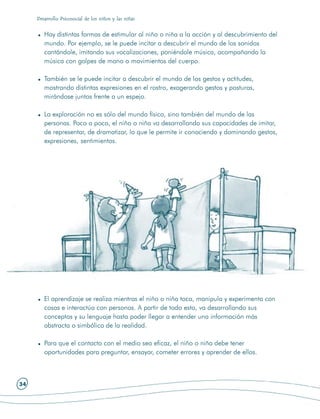 Desarrollo Psicosocial de los niños y las niñas


        Hay distintas formas de estimular al niño o niña a la acción y al descubrimiento del
        mundo. Por ejemplo, se le puede incitar a descubrir el mundo de los sonidos
        cantándole, imitando sus vocalizaciones, poniéndole música, acompañando la
        música con golpes de mano o movimientos del cuerpo.

        También se le puede incitar a descubrir el mundo de los gestos y actitudes,
        mostrando distintas expresiones en el rostro, exagerando gestos y posturas,
        mirándose juntos frente a un espejo.

        La exploración no es sólo del mundo físico, sino también del mundo de las
        personas. Poco a poco, el niño o niña va desarrollando sus capacidades de imitar,
        de representar, de dramatizar, lo que le permite ir conociendo y dominando gestos,
        expresiones, sentimientos.




        El aprendizaje se realiza mientras el niño o niña toca, manipula y experimenta con
        cosas e interactúa con personas. A partir de todo esto, va desarrollando sus
        conceptos y su lenguaje hasta poder llegar a entender una información más
        abstracta o simbólica de la realidad.

        Para que el contacto con el medio sea eficaz, el niño o niña debe tener
        oportunidades para preguntar, ensayar, cometer errores y aprender de ellos.



34
 
