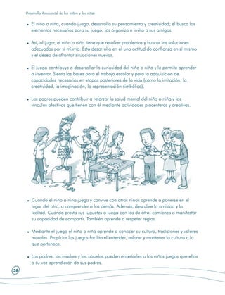 Desarrollo Psicosocial de los niños y las niñas


        El niño o niña, cuando juega, desarrolla su pensamiento y creatividad; él busca los
        elementos necesarios para su juego, los organiza e invita a sus amigos.

        Así, al jugar, el niño o niña tiene que resolver problemas y buscar las soluciones
        adecuadas por sí mismo. Esto desarrolla en él una actitud de confianza en sí mismo
        y el deseo de afrontar situaciones nuevas.

        El juego contribuye a desarrollar la curiosidad del niño o niña y le permite aprender
        a inventar. Sienta las bases para el trabajo escolar y para la adquisición de
        capacidades necesarias en etapas posteriores de la vida (como la imitación, la
        creatividad, la imaginación, la representación simbólica).

        Los padres pueden contribuir a reforzar la salud mental del niño o niña y los
        vínculos afectivos que tienen con él mediante actividades placenteras y creativas.




        Cuando el niño o niña juega y convive con otros niños aprende a ponerse en el
        lugar del otro, a comprender a los demás. Además, descubre la amistad y la
        lealtad. Cuando presta sus juguetes o juega con los de otro, comienza a manifestar
        su capacidad de compartir. También aprende a respetar reglas.

        Mediante el juego el niño o niña aprende a conocer su cultura, tradiciones y valores
        morales. Propiciar los juegos facilita el entender, valorar y mantener la cultura a la
        que pertenece.

        Los padres, las madres y los abuelos pueden enseñarles a los niños juegos que ellos
        a su vez aprendieron de sus padres.
38
 
