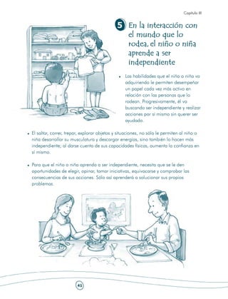 Capítulo III


                                            5 En la interacción con
                                              el mundo que lo
                                              rodea, el niño o niña
                                              aprende a ser
                                              independiente
                                                 Las habilidades que el niño o niña va
                                                 adquiriendo le permiten desempeñar
                                                 un papel cada vez más activo en
                                                 relación con las personas que lo
                                                 rodean. Progresivamente, él va
                                                 buscando ser independiente y realizar
                                                 acciones por sí mismo sin querer ser
                                                 ayudado.

El saltar, correr, trepar, explorar objetos y situaciones, no sólo le permiten al niño o
niña desarrollar su musculatura y descargar energías, sino también lo hacen más
independiente; al darse cuenta de sus capacidades físicas, aumenta la confianza en
sí mismo.

Para que el niño o niña aprenda a ser independiente, necesita que se le den
oportunidades de elegir, opinar, tomar iniciativas, equivocarse y comprobar las
consecuencias de sus acciones. Sólo así aprenderá a solucionar sus propios
problemas.




                       41
 