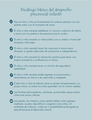 Decálogo básico del desarrollo
               psicosocial infantil
1 Para el niño o niña es fundamental el contacto estrecho con los
  padres antes y en el momento de nacer.

2 El niño o niña necesita establecer un vínculo o relación de afecto
  y amor con sus padres o las personas que lo cuidan.

3 El niño o niña necesita un intercambio con su medio a través del
  lenguaje y del juego.

4 El niño o niña necesita hacer las cosas por sí mismo para
  alcanzar un grado adecuado de autonomía o independencia.

5 El niño o niña necesita la valoración positiva para tener una
  buena autoestima y confianza en sí mismo.

6 El niño o niña necesita tener un mínimo de seguridad y
  estabilidad.

7 El niño o niña necesita poder expresar sus emociones y
  sentimientos sin temor a ser reprimido o castigado.

8 Cada niño o niña es distinto, tiene su propio temperamento y su
  propio ritmo; no todos los niños aprenden con la misma rapidez.

9 Las familias estimuladoras, cariñosas, que brindan apoyo tienen
  niños más sanos y felices.

10 Los padres, las madres y otros adultos deben evitar golpear,
   maltratar, asustar, descalificar o engañar a los niños. Un
   ambiente de irritación, violencia o inestabilidad prolongada es
   perjudicial para el desarrollo infantil.
                    59
 