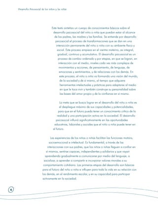 Desarrollo Psicosocial de los niños y las niñas




                                    Este texto sintetiza un cuerpo de conocimientos básicos sobre el
                                      desarrollo psicosocial del niño o niña que puedan estar al alcance
                                       de los padres, las madres y las familias. Se entiende por desarrollo
                                        psicosocial el proceso de transformaciones que se dan en una
                                        interacción permanente del niño o niña con su ambiente físico y
                                         social. Este proceso empieza en el vientre materno, es integral,
                                         gradual, continuo y acumulativo. El desarrollo psicosocial es un
                                          proceso de cambio ordenado y por etapas, en que se logran, en
                                          interacción con el medio, niveles cada vez más complejos de
                                           movimientos y acciones, de pensamiento, de lenguaje, de
                                           emociones y sentimientos, y de relaciones con los demás. En
                                           este proceso, el niño o niña va formando una visión del mundo,
                                           de la sociedad y de sí mismo, al tiempo que adquiere
                                            herramientas intelectuales y prácticas para adaptarse al medio
                                            en que le toca vivir y también construye su personalidad sobre
                                            las bases del amor propio y de la confianza en sí mismo.


                                           La meta que se busca lograr en el desarrollo del niño o niña es
                                           el despliegue máximo de sus capacidades y potencialidades,
                                          para que en el futuro pueda tener un conocimiento crítico de la
                                         realidad y una participación activa en la sociedad. El desarrollo
                                        psicosocial influirá significativamente en las oportunidades
                                       educativas, laborales y sociales que el niño o niña puede tener en
                                      el futuro.


                                   Las experiencias de los niños o niñas facilitan las funciones motora,
                                 socioemocional e intelectual. Es fundamental, a través de las
                                interacciones con sus padres, que los niños o niñas lleguen a confiar en
                               sí mismos, sentirse capaces, independientes y solidarios y que vayan
                             aprendiendo gradualmente a comunicarse por medio del lenguaje, a
                            socializar, a aprender a compartir e incorporar valores morales a su
                            comportamiento cotidiano. Las primeras etapas del desarrollo son básicas
                           para el futuro del niño o niña e influyen para toda la vida en su relación con
                           los demás, en el rendimiento escolar, y en su capacidad para participar
                           activamente en la sociedad.


6
 