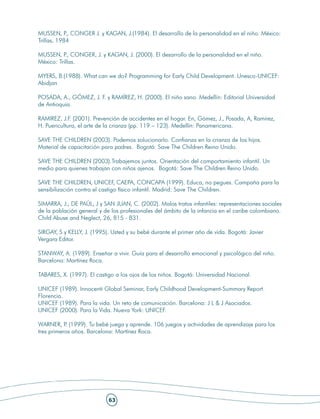 MUSSEN, P CONGER J. y KAGAN, J.(1984). El desarrollo de la personalidad en el niño. México:
            .,
Trillas, 1984

MUSSEN, P CONGER, J. y KAGAN, J. (2000). El desarrollo de la personalidad en el niño.
           .,
México: Trillas.

MYERS, B.(1988). What can we do? Programming for Early Child Development. Unesco-UNICEF:
Abidjan

POSADA, A., GÓMEZ, J. F. y RAMÍREZ, H. (2000). El niño sano. Medellín: Editorial Universidad
de Antioquia.

RAMIREZ, J.F. (2001). Prevención de accidentes en el hogar. En, Gómez, J., Posada, A, Ramírez,
H. Puericultura, el arte de la crianza (pp. 119 – 123). Medellín: Panamericana.

SAVE THE CHILDREN (2003). Podemos solucionarlo. Confianza en la crianza de los hijos.
Material de capacitación para padres. Bogotá: Save The Children Reino Unido.

SAVE THE CHILDREN (2003).Trabajemos juntos. Orientación del comportamiento infantil. Un
medio para quienes trabajan con niños ajenos. Bogotá: Save The Children Reino Unido.

SAVE THE CHILDREN, UNICEF, CAEPA, CONCAPA (1999). Educa, no pegues. Campaña para la
sensibilización contra el castigo físico infantil. Madrid: Save The Children.

SIMARRA, J., DE PAÚL, J y SAN JUAN, C. (2002). Malos tratos infantiles: representaciones sociales
de la población general y de los profesionales del ámbito de la infancia en el caribe colombiano.
Child Abuse and Neglect, 26, 815 - 831.

SIRGAY, S y KELLY, J. (1995). Usted y su bebé durante el primer año de vida. Bogotá: Javier
Vergara Editor.

STANWAY, A. (1989). Enseñar a vivir. Guía para el desarrollo emocional y psicológico del niño.
Barcelona: Martínez Roca.

TABARES, X. (1997). El castigo a los ojos de los niños. Bogotá: Universidad Nacional.

UNICEF (1989). Innocenti Global Seminar, Early Childhood Development-Summary Report.
Florencia.
UNICEF (1989). Para la vida. Un reto de comunicación. Barcelona: J L & J Asociados.
UNICEF (2000). Para la Vida. Nueva York: UNICEF .

WARNER, P (1999). Tu bebé juega y aprende. 106 juegos y actividades de aprendizaje para los
           .
tres primeros años. Barcelona: Martínez Roca.




                            63
 